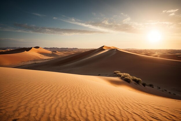 A vast windswept desert with shifting sand dunes and a blazing sun overhead captured in a hyperreali