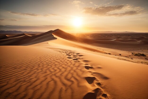 A vast windswept desert with shifting sand dunes and a blazing sun overhead captured in a hyperreali