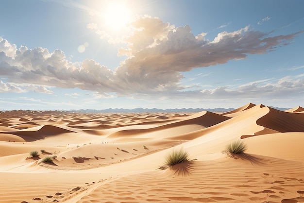 A vast windswept desert with shifting sand dunes and a blazing sun overhead captured in a hyperrealistic