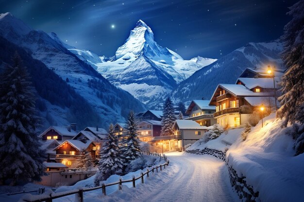 Photo vast wintry panorama showcasing a delightful snow laden village