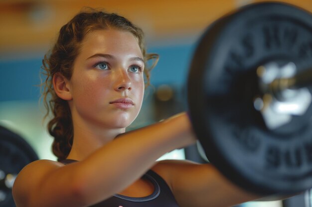 Vastberaden jonge vrouw gewichtheffen in de sportschool