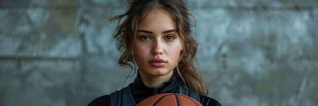 Foto vastberaden jonge vrouwelijke atleet met een basketbal tegen een industriële achtergrond