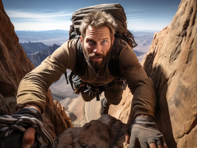 Foto vastberaden man beklimt een steil bergpad