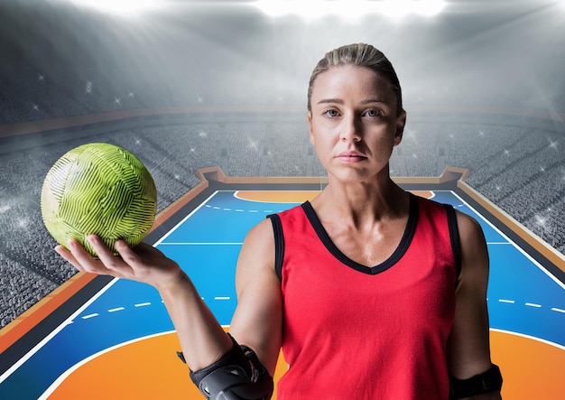 Vastberaden speler met een handbal in het stadion