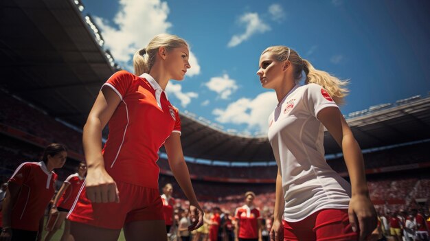 Vastberaden sportvrouwen staan in een voetbalstadion.