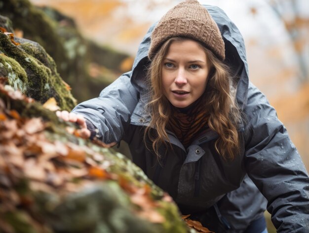 Foto vastberaden vrouw beklimt een steil bergpad