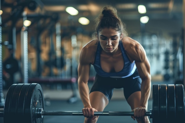 Vastberaden vrouwelijke atleet die zware gewichten opheft tijdens een workout in een fitnesscentrum