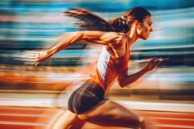 Foto vastberaden vrouwelijke atleet sprint met kracht en focus op een loopbaan haar bewegingsblur benadrukt snelheid en atletiek tijdens een competitieve race evenement