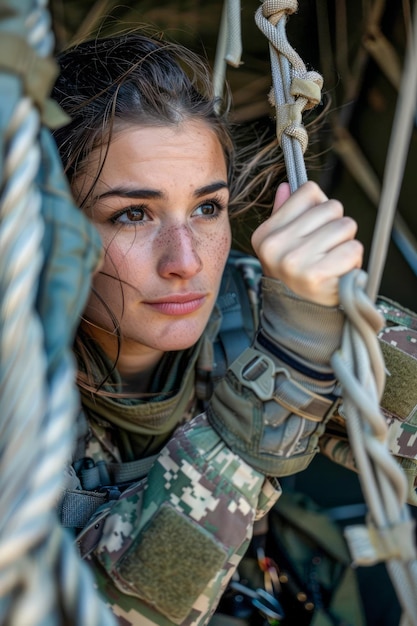 Foto vastberaden vrouwelijke militairen in camouflage-uitrusting in een voertuig die zich vasthouden aan touwen