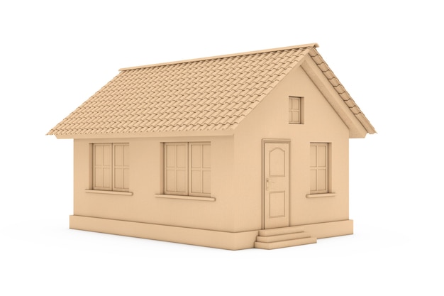 Vastgoedconcept. Modern House Cottage als kartonnen verzenddoos op een witte achtergrond. 3D-rendering