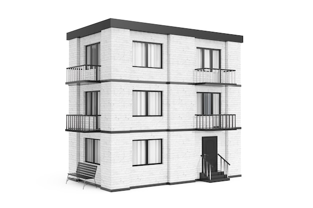 Vastgoedconcept. Stad, stad White Brick House Building op een witte achtergrond. 3D-rendering