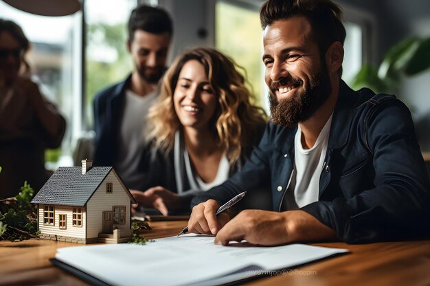 Vastgoedmakelaar of makelaar ondertekent een hypotheekovereenkomst voor een nieuwe woning met een echtpaar