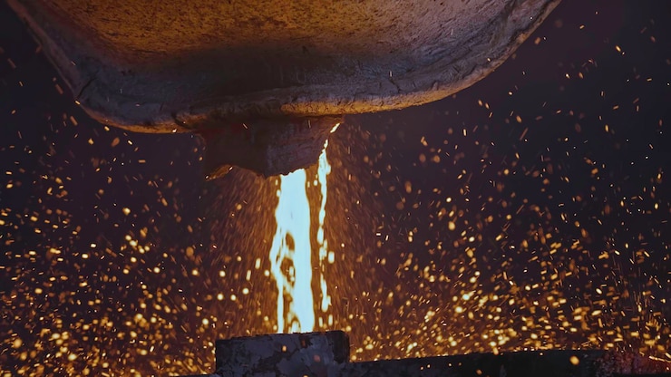 Photo vat pouring molten metal stock footage jet of molten metal pours out with incandescent sparks molten metal is poured out of vat at metallurgical plant