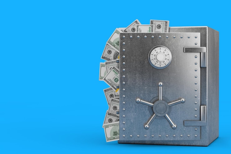 Photo vault or steel bank safe box full of dollar bills 3d rendering