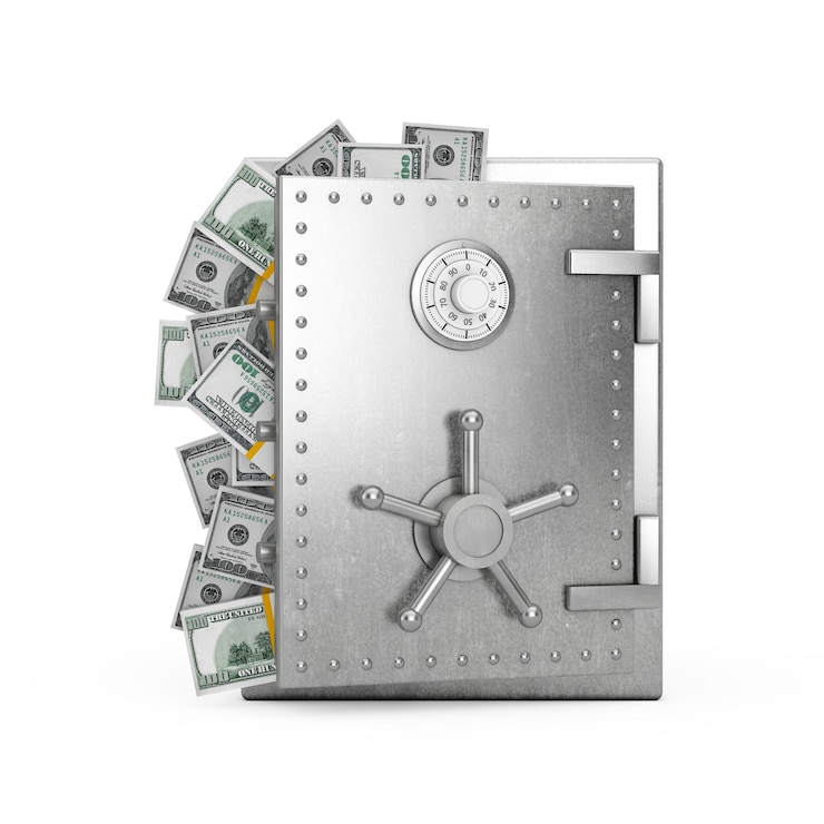 Photo vault or steel bank safe box full of dollar bills 3d rendering