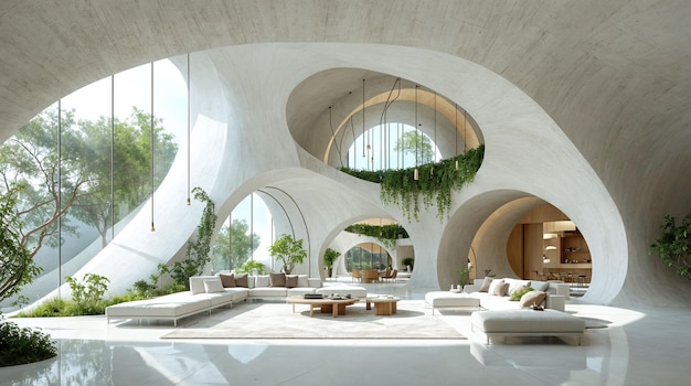 Foto uno spazio abitativo minimo con interni curvilinei futuristici in stucco bianco a volta, arricchito da un vivace sfondo verde botanico