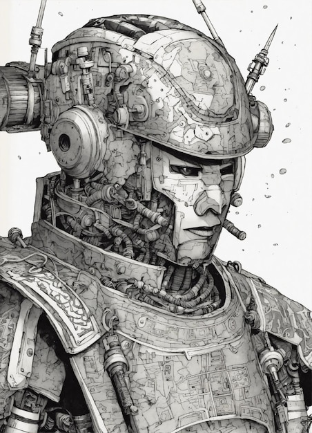 Photo vdetailed pen and ink illustration of a samurai robot cyborg head only detailed anthropology by h