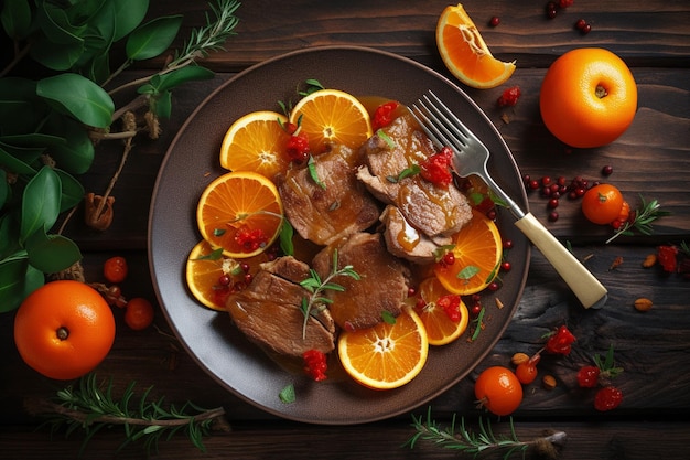 Veal fillet stir fry with oranges and paprika in sweet and sour sauce on a wooden table flat lay top view