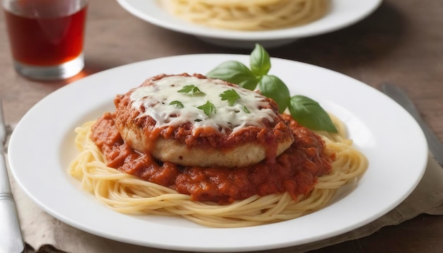 Veal Parmigiana with spaghetti in tomato sauce