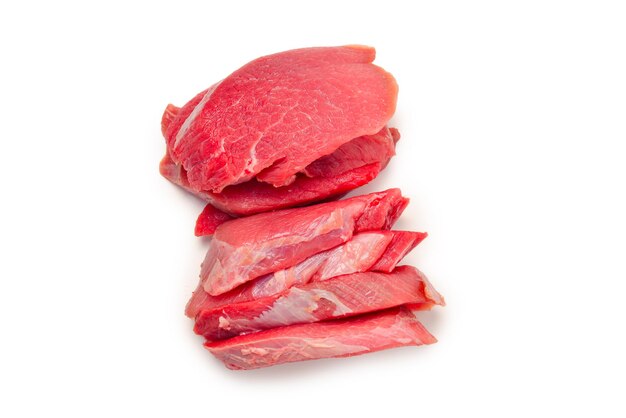 Veal pieces raw isolated on white background.