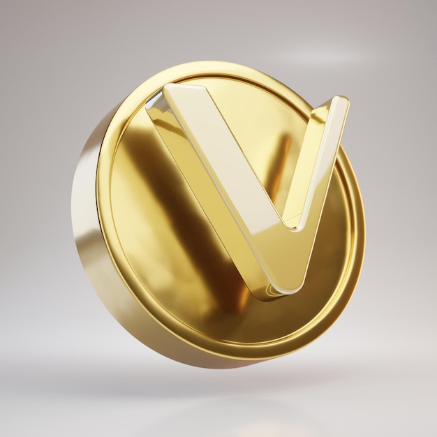 VeChain cryptocurrency coin. Gold 3d rendered coin with VeChain symbol isolated on white background.