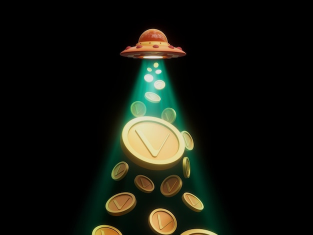 Vechain UFO Alien Supernatural Spaceship Invasion Abduction Crypto Currency 3D Illustration Render