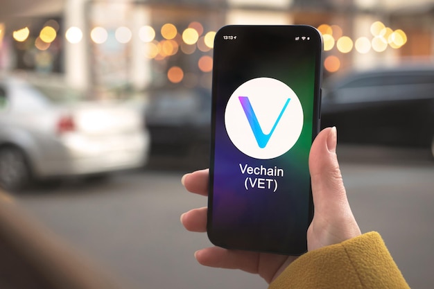 Vechain VET cryptocurrency-symbool, logo. Zakelijk en financieel concept. Hand met smartphone, scherm met crypto icoon close-up