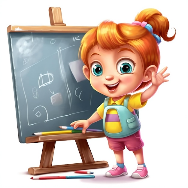 Vector 3D Cute Girl Engaging with Blackboard