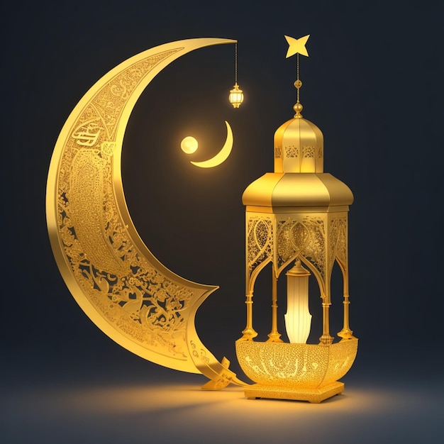 vector 3d golden eid festival moon and lamp