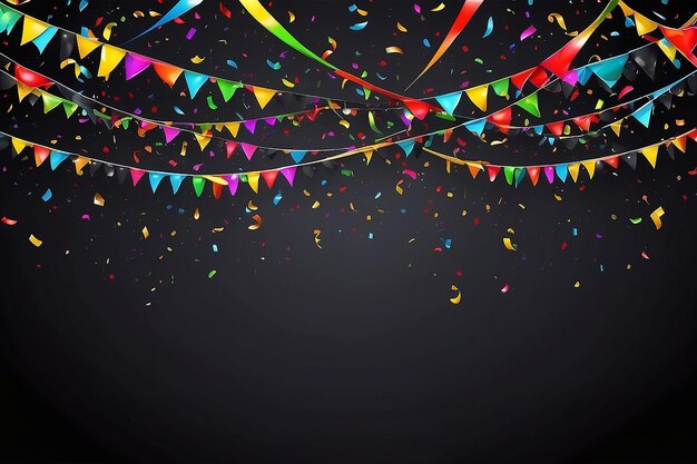 Photo vector abstract black background with many falling tiny colorful confetti pieces and ribbon carnival christmas or new year decoration colorful party pennants for birthday festival