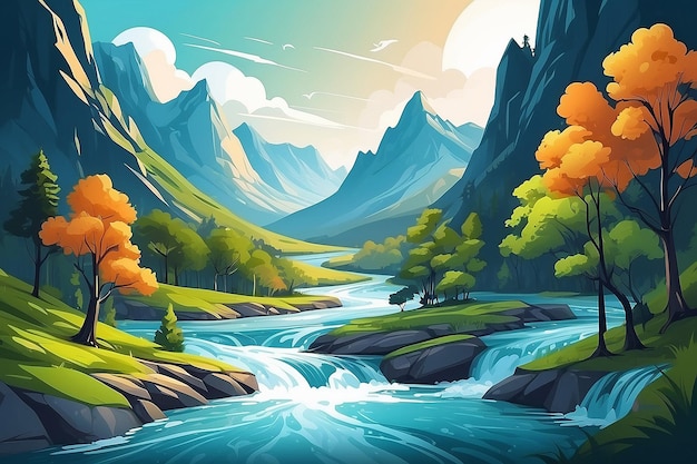 Vector abstract and dynamic background with organic nature trees mountain and river