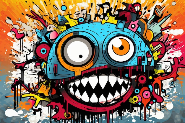 Vector abstract grunge urban pattern with monster character super drawing in graffiti style