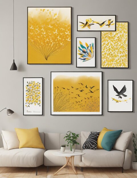 Vector abstract nature and birds sun yellow art watercolor wall painting posters and prints scandina