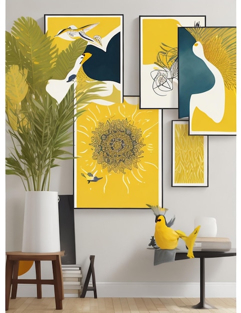 Vector abstract nature and birds sun yellow art watercolor wall painting posters and prints scandina