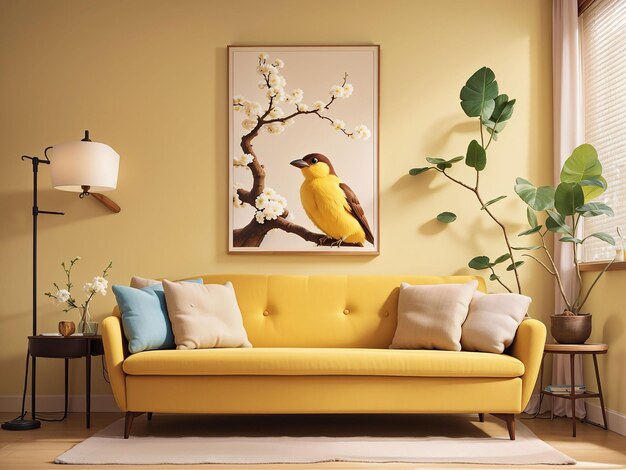 Vector abstract nature and birds sun yellow art watercolor wall painting posters and prints