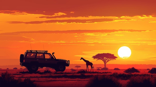 vector African safari silhouetes with an SUV and giraffe at sunset