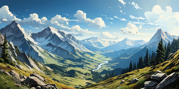 Vector art about landscape sea forest mountain and desert