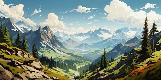 Vector art about landscape sea forest mountain and desert