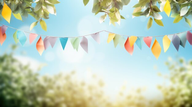 Photo vector art of colorful pennant string decoration in green tree foliage on blue sky summer party background template banner with copy space