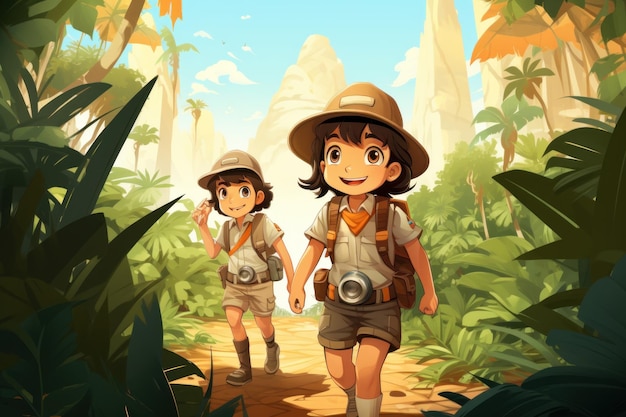 vector art of Explorer kids in the jungle