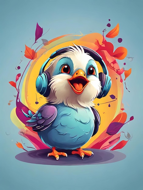 vector art illustration of a cute bird laughing listening to music