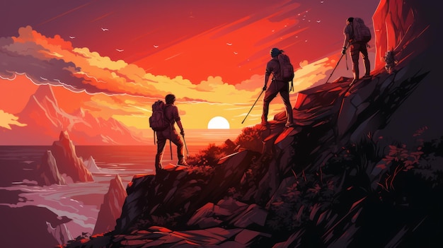 Vector art of male and female climbers climbing rocks on the mountain