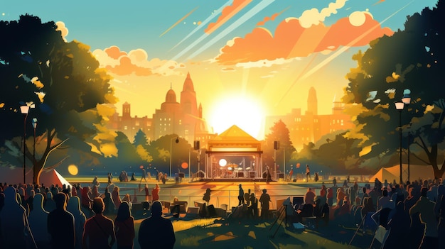 Vector art of music festival Outdoor concert with outdoor stage live performance people dancing in nature