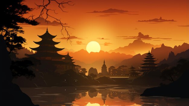 vector art of Silhouette temple sunset background telephoto lens realistic lighting