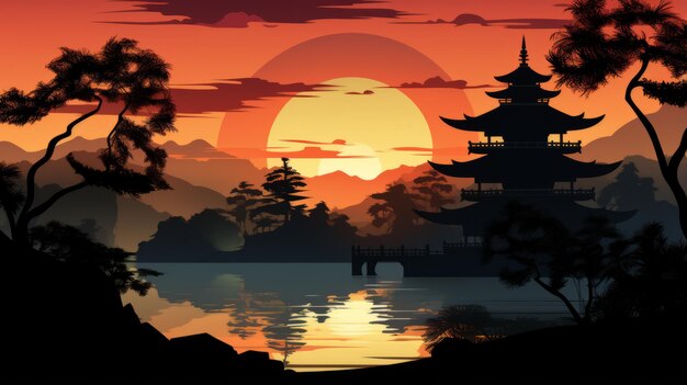 vector art of Silhouette temple sunset background telephoto lens realistic lighting