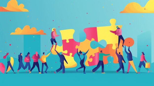 Photo vector art of tiny construction people carrying a large puzzle piece