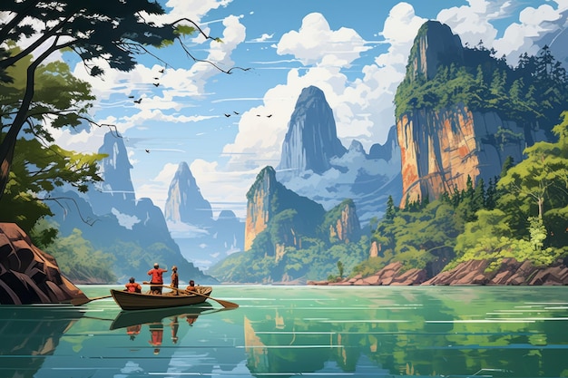 vector art of Travelers on the boat enjoy natureThailand beautiful Asian holiday destinations