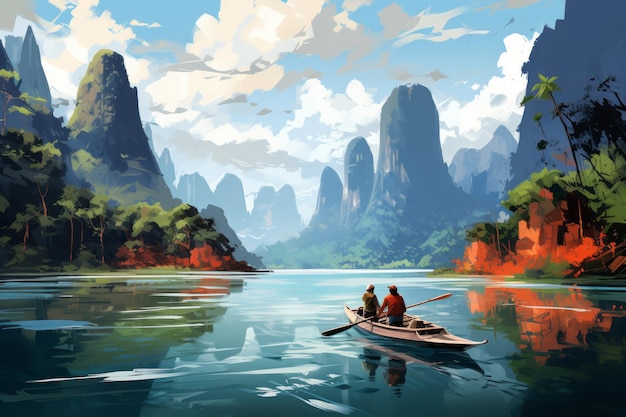 Вектор искусства Путешественники на лодке наслаждаются природой Таиланд красивые азиатские места отдыха