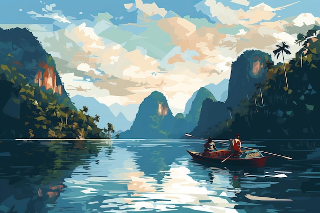 vector art of Travelers on the boat enjoy natureThailand beautiful Asian holiday destinations