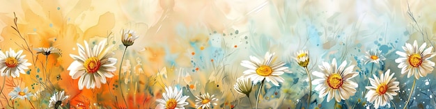 봄과 여름을 배경으로 한 터 예술 작품, 수채화, 데이지 꽃과 공간 생성 AI